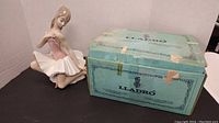 Porcelain figure of a sitting ballerina in pink and white tutu next to a Lladro branded box with tape marks.