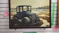 Full view of the framed acrylic painting featuring a vintage truck in a marshy setting.