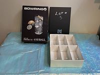Box with Bowring branding showing the set of 6 highball glasses, next to black box labeled Lot #3 and empty insert box for glasses.