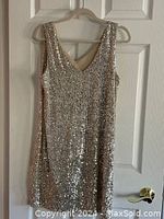 Front view of the cream colored sleeveless cocktail dress covered in sequins.