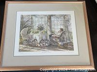 Framed numbered print "Mother's Arms" by Trisha Romance showing a woman seated near a pram and windowed room.