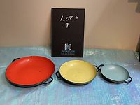 Three vintage metal and enamel plates in red, yellow, and blue with side handles on a blue backdrop.