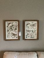 Pair of matching framed butterfly prints hanging on wall above couch.