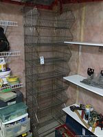 Full view of eight stackable wire bins in corner of room.