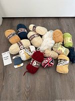 Photo of assorted yarn skeins and balls of various colors and brands arranged on a floor.