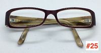 Top view of eyeglass frames showing Burberry logo inside the arm