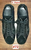Top view of a pair of black Ermenigildo Zegna men's lace-up shoes with suede panels and contrast stitching, size 10.
