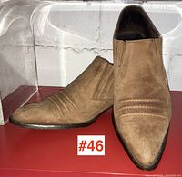 Photo of tan suede men's designer slip-on shoes by Georges Marciano Guess with decorative stitching