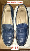 Top view of Warfield & Grand men's blue leather loafers in size 11.5 showing branding on insole and overall shoe condition.