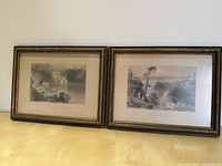 Two framed antique style prints of the Rideau Canal with dark wood frames and mats, showing aged look and scenic historical scenes.