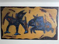 Front view of large abstract acrylic painting depicting two stylized birds on a mustard yellow and black background.