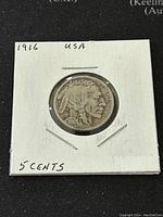 Obverse side of 1916 Buffalo Nickel showing Native American profile and details.
