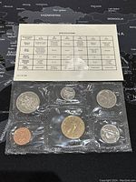 View of six Canadian coins in sealed plastic sheet with card showing specifications and details for each coin.