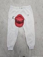 Grey True Religion sweatpants laid flat on floor with red True Religion hat on top