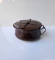 Side view of large brown enamel pot with lid and a single handle.