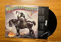 Front view of vinyl record partially inserted in illustrated sleeve showing armored warrior on horse.