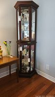 Full view of corner curio cabinet in dark wood finish with glass door, shelves, and light fixture.
