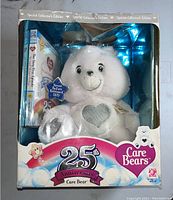Photo of the Care Bears 25th Anniversary Special Collector's Edition box with white plush Care Bear and DVD inside. The box has visible damage at the top.