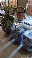 Blue and white ceramic planter with a plant inside, and two tall vases beside it, visible on a concrete floor with other household items
