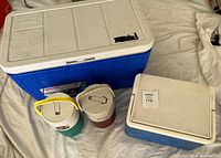 Photo of four coolers: one large blue and white cooler, one medium blue and white cooler, and two small insulated jugs in green and maroon.
