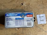 Closed plastic Mastercraft branded case containing steel pop rivets with label showing quantity and sizes included.
