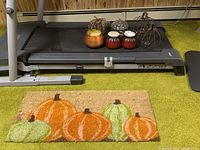 Photo of outdoor rug with pumpkin design on treadmill platform, showing orange and green pumpkins with brown stems on natural brown coir background.