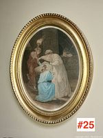 Front view of 19th century framed oval print featuring Neoclassical scene with three female figures and architectural background, in gold beaded oval frame.