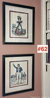 Two framed Victorian theatre prints shown on wall, with label #62 visible.