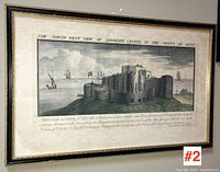 Framed antique wood block print centered on Sandgate Castle with visible text and frame edges.