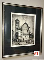 Full framed etching showing architectural scene with church and waterfront crowd