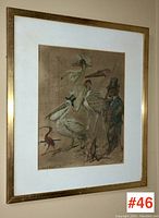 Full front view of framed illustration showing gold-tone frame, white mat, and artwork subject