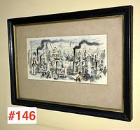 Framed coloured print by John Leech showing industrial smoke stacks and figures in a panoramic view, with a black outer frame and beige mat.