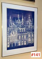 Frontal view of the large framed print showing the detailed architectural drawing in blue and white.