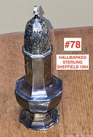 Front side view of the sterling silver sugar shaker showing the octagonal shape and base, clearly displaying Sheffield hallmark 1904.