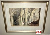 Frontal view of framed watercolour painting showing architectural interior with columns and figures