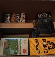 Top view of various paperback books arranged in a cardboard box. Visible titles include books by Dean Koontz, Margaret Truman, and a book titled 'Back to Eden'.