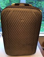 Front view of rolling luggage showing brown and tan geometric pattern.