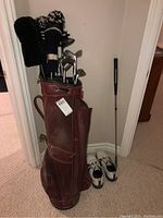 Full view of brown golf bag filled with golf clubs with covers and Nike golf shoes placed beside it on carpeted floor.
