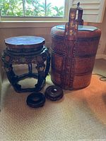 Full view of Japanese wicker and bamboo wedding basket with wooden stand and two wooden bases.