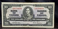 Front image of 1937 Canadian $10 banknote showing King George VI portrait, serial numbers, and denomination details.