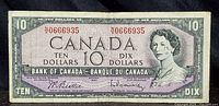 Front side of the 1954 Canadian $10 bill showing the portrait of Queen Elizabeth II, serial number, denomination, and signatures.