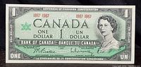 Front side of the 1967 Canadian Centennial one dollar bill showing Queen Elizabeth II and no serial number.