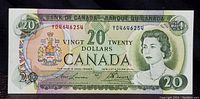 Front image of the 1969 Canadian $20 banknote showing Queen Elizabeth II portrait and coat of arms.