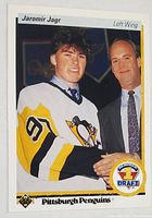 Front of the 1990-91 Upper Deck Jaromir Jagr rookie card #356 showing Jagr in Pittsburgh Penguins jersey with #1 Draft emblem.