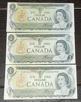 Three 1973 Canadian one dollar bills laid out flat on a wooden surface showing front side with Queen Elizabeth II portrait and Canadian coat of arms.