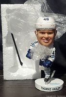 Front view of Thomas Harley bobble head with hockey stick, wearing helmet number 48, standing on white labeled base.