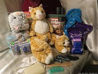 A collection of new and lightly used relaxation and personal care items including plush massage kitties, Epsom salts, slippers, batteries, magazines, and small grooming tools.