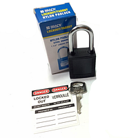 Closed black nylon Brady padlock with steel shackle, two keys on ring and one lockout tag