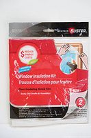 Front view of packaged WeatherBuster Window Insulation Kit showing branding, energy saving claims, and usage instructions illustration.