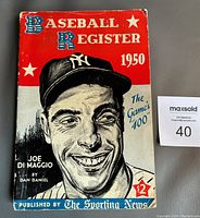 Front cover showing Joe DiMaggio illustration and 1950 Baseball Register title